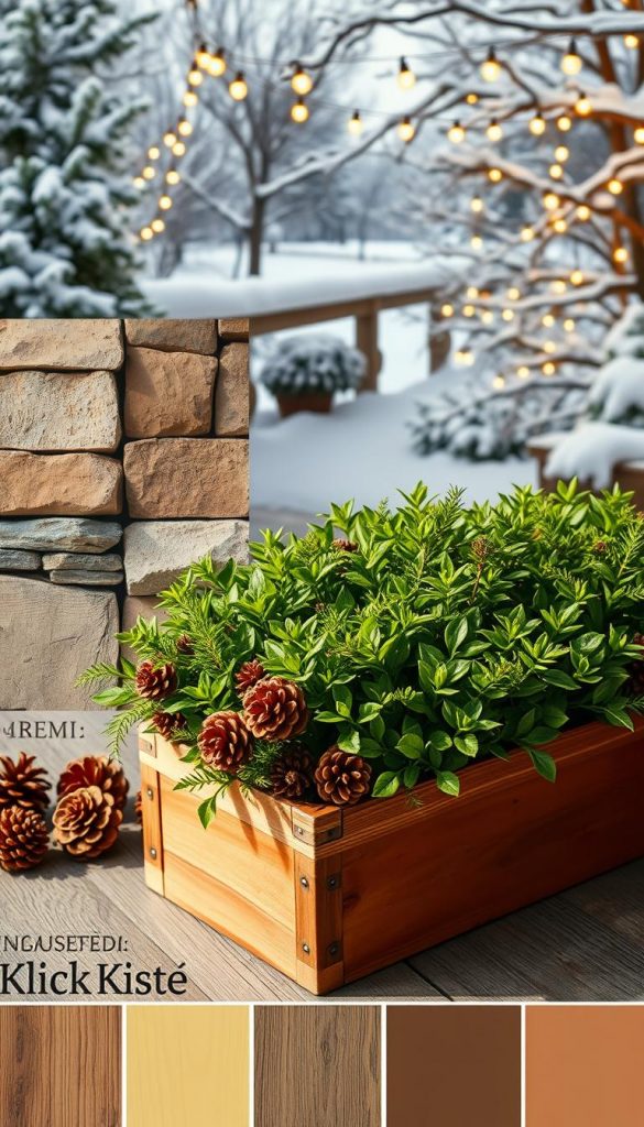 Vibrant moodboard showcasing a collection of natural, earthy textures and colors for a &quot;Pflanzkübel&quot; design. In the foreground, a rustic wooden planter box overflows with lush greenery, accented by warm-toned pinecones and soft, diffused lighting. The mid-ground features an array of complementary materials like smooth stone, brushed metal, and weathered wood, creating a harmonious palette. In the background, a cozy winter scene with a snowy landscape and twinkling string lights, evoking a sense of coziness and inspiration. The overall atmosphere is one of organic, handcrafted charm, with a touch of modern elegance. Crafted by the talented team at KlickKiste.