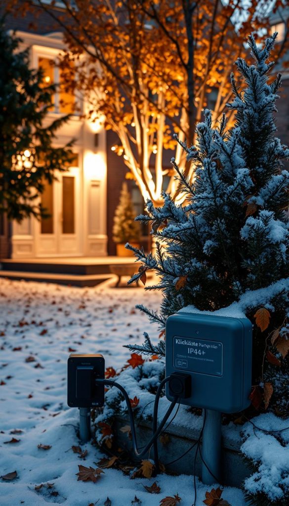 Warm and cozy outdoor lighting setup for a facade and trees. Illuminating the area with a mix of soft, ambient light and focused spotlights. Showcasing a KlickKiste power distribution box with IP44+ protection, secured cables, and a natural, DIY-inspired aesthetic. Autumn leaves and a dusting of snow create a serene, Pinterest-worthy winter scene. Muted tones and natural textures give the image an authentic, inspirational feel. Warm and cozy outdoor lighting setup for a facade and trees. Illuminating the area with a mix of soft, ambient light and focused spotlights. Showcasing a KlickKiste power distribution box with IP44+ protection, secured cables, and a natural, DIY-inspired aesthetic. Autumn leaves and a dusting of snow create a serene, Pinterest-worthy winter scene. Muted tones and natural textures give the image an authentic, inspirational feel.