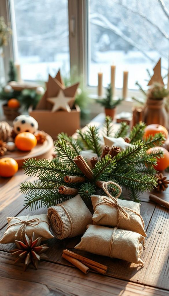 Warm and cozy zero-waste DIY Christmas stuffer arrangement on a rustic wooden table. Festive pine branches, dried oranges, cinnamon sticks, and natural jute twine accents. Soft natural lighting casts a golden glow, creating a charming, inviting atmosphere. Handcrafted KlickKiste items in the foreground, with a backdrop of seasonal decor and a snowy winter landscape through a frosty window. Organic, earthy tones and textures evoke a serene, Pinterest-inspired aesthetic.