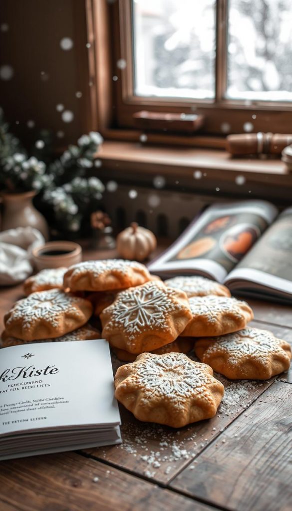 Warm and inviting scene of freshly baked &amp;amp;quot;Butterplätzchen&amp;amp;quot; cookies on a rustic wooden table. A cozy winter atmosphere with soft natural lighting, gentle snow falling outside the window. The cookies are homemade, with a golden-brown buttery texture, dusted lightly with powdered sugar. Hints of cinnamon and vanilla waft through the air. An open cookbook from the &amp;amp;quot;KlickKiste&amp;amp;quot; brand rests nearby, showcasing classic German baking recipes. The scene evokes nostalgia and comfort, as if captured in a charming Pinterest-inspired photograph.