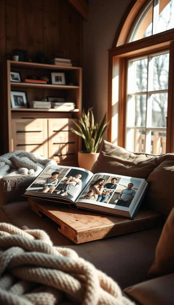 Warm, cozy living room with natural light filtering through large windows. Wooden furniture, plush blankets, and family photos displayed on a rustic shelving unit. The KlickKiste photo album lies open, showcasing candid shots of a loving family - children playing, parents embracing, joyous memories captured. Sunlight casts a soft glow, creating a sentimental, nostalgic atmosphere. Minimal clutter, everything carefully curated and organized, reflecting the tranquility of this personal family sanctuary.