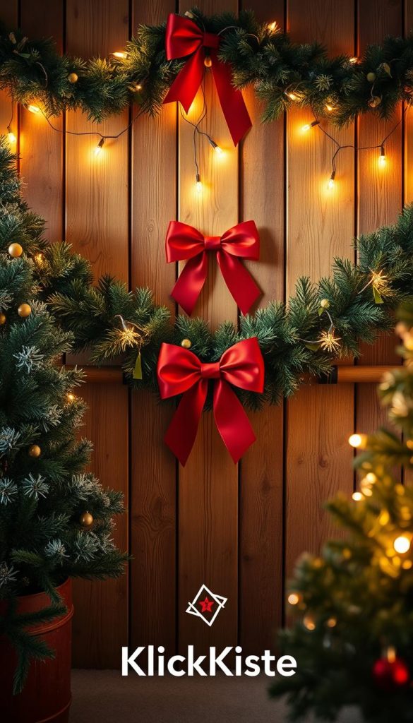 Warm, festive poster featuring a cozy winter scene. Soft natural lighting illuminates a rustic wooden backdrop, adorned with lush evergreen garlands, twinkling fairy lights, and a classic red bow. In the foreground, a minimalist &quot;KlickKiste&quot; logo is subtly incorporated, complementing the overall seasonal aesthetic. The composition exudes a sense of hygge and seasonal wonder, perfect for capturing the essence of a joyful holiday home.