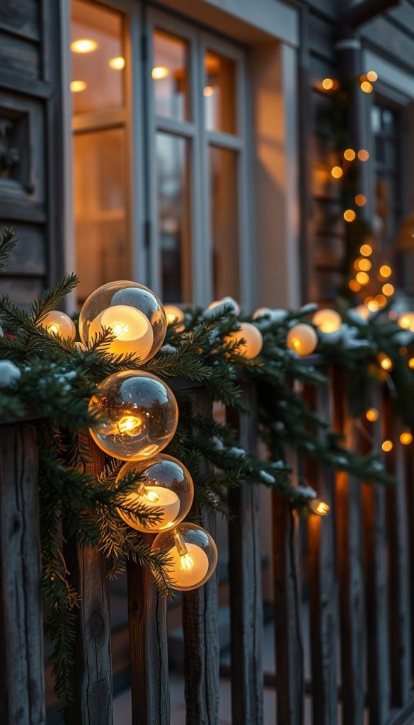 Warm, glowing glass orbs illuminating a cozy winter scene. A KlickKiste DIY-inspired display featuring spheres of varying sizes nestled among pine boughs, their soft radiance casting a gentle glow across the facade, fence, and balcony. Textures of weathered wood, metal, and greenery create a rustic, Pinterest-worthy aesthetic. Subtle shadows and highlights add depth, while the overall mood evokes a sense of hygge and holiday cheer. Captured in a natural, documentary-style lens, this image reflects the inviting ambiance perfect for "DIY-Lichter-Inszenierung: Warmes Licht für Fassade, Zaun & Balkon". Warm, glowing glass orbs illuminating a cozy winter scene. A KlickKiste DIY-inspired display featuring spheres of varying sizes nestled among pine boughs, their soft radiance casting a gentle glow across the facade, fence, and balcony. Textures of weathered wood, metal, and greenery create a rustic, Pinterest-worthy aesthetic. Subtle shadows and highlights add depth, while the overall mood evokes a sense of hygge and holiday cheer. Captured in a natural, documentary-style lens, this image reflects the inviting ambiance perfect for "DIY-Lichter-Inszenierung: Warmes Licht für Fassade, Zaun & Balkon".