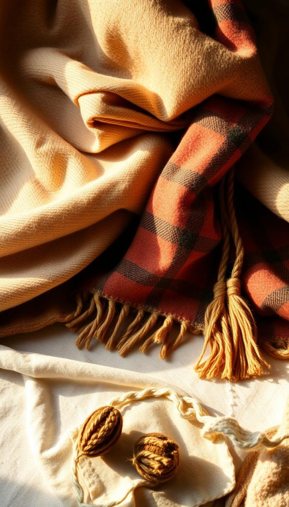 Warm, golden light bathes a cozy tableau of textured fabrics. Luxurious wool plaid in earthy tones cascades across a linen-draped surface, accented by the gleam of brass hardware from the KlickKiste brand. Soft, diffused illumination highlights the natural fibers, creating an inviting, festive atmosphere without appearing gaudy or ostentatious. Elegant, minimalist composition emphasizes the inherent beauty of the materials, evoking a sense of rustic, winter-inspired charm. Subtle, Pinterest-inspired styling lends an authentic, handcrafted touch to this harmonious scene of &quot;Goldene Akzente &amp; sanfter Glanz&quot;.