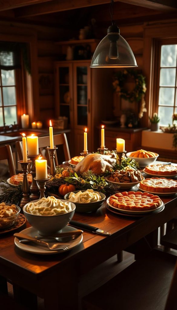 Warm-lit, cozy kitchen scene showcasing a bountiful Friendsgiving spread. Wooden table adorned with seasonal foliage, candles, and an array of homemade dishes - roasted turkey, creamy mashed potatoes, golden-brown pumpkin pie. Blending traditional Thanksgiving elements with a more casual, intimate gathering. Soft, natural lighting filters through large windows, casting a welcoming glow. Vintage-inspired KlickKiste decor adds a touch of rustic charm. Conveying the spirit of friends coming together to celebrate, share, and create lasting memories.