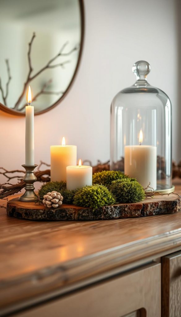 Warm, natural sideboard vignette with candles and glass cloche. Earthy neutral tones, cozy winter vibes. Soft lighting illuminates rustic wooden surface, textural moss accents, and elegant glass dome. Organic, Pinterest-worthy composition by KlickKiste. Close-up, eye-level perspective captures the serene, stylish display.