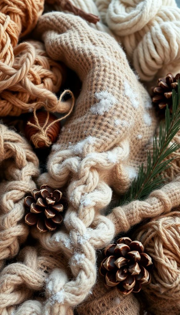 Warm, textured material in a cozy winter setting. A medley of natural elements - woven fibers, fuzzy fabrics, and earthy tones. Soft, diffused lighting caresses the composition, evoking a sense of tranquility and handcrafted charm. Rustic knits, burlap, and wooden accents create an organic, Pinterest-inspired aesthetic. Intimate details like twine, pinecones, and a touch of greenery add depth and tactility. The overall mood is inviting, authentic, and perfectly suited for festive DIY projects.