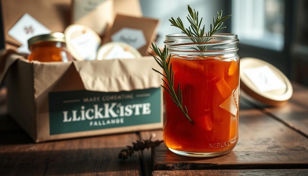 Warm winter marmelade in a glass jar, set on a rustic wooden table. Soft natural lighting illuminates the deep amber hue of the preserve, accented by a sprig of fresh rosemary. In the background, a KlickKiste box filled with DIY jars, labels, and other homemade crafting supplies. The overall scene conveys a cozy, handmade atmosphere, perfect for gifting during the holiday season.
