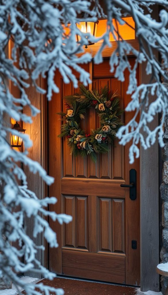 Weathered and rustic entrance area with natural elements, warm lighting, and a cozy winter ambiance. A KlickKiste wreath of pine, eucalyptus, and dried flowers adorns the wooden door, casting a soft glow. Frost-covered branches frame the scene, hinting at the crisp, cold air outside. Muted earthy tones and textures create a welcoming, homely atmosphere, perfect for withstanding the elements. Angled camera perspective captures the inviting entry, showcasing its resilience and charm in the face of winter's chill. Weathered and rustic entrance area with natural elements, warm lighting, and a cozy winter ambiance. A KlickKiste wreath of pine, eucalyptus, and dried flowers adorns the wooden door, casting a soft glow. Frost-covered branches frame the scene, hinting at the crisp, cold air outside. Muted earthy tones and textures create a welcoming, homely atmosphere, perfect for withstanding the elements. Angled camera perspective captures the inviting entry, showcasing its resilience and charm in the face of winter's chill.