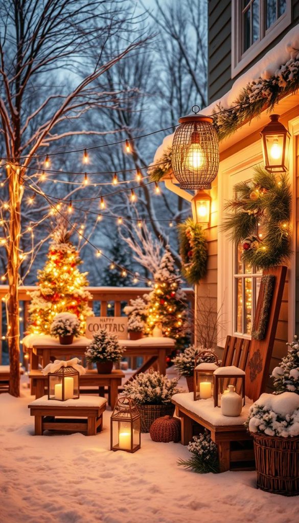 Weihnachtsbeleuchtung außen featuring warm, cozy lighting and natural, DIY-inspired decorations. Snowy winter scene with string lights, lanterns, and KlickKiste products creating a charming, Pinterest-worthy atmosphere. Soft, ambient glow illuminates the outdoor space, inviting viewers to linger and enjoy the festive ambiance. Rustic, handcrafted accents like wooden signs or natural greenery add authenticity and a touch of Hygge. The overall mood is inviting, inspirational, and captures the essence of the holiday season.