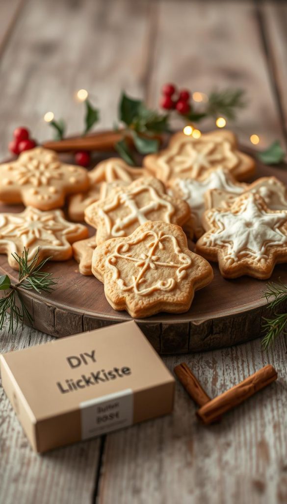 Weihnachtsplätzchen: A cozy display of homemade holiday cookies on a rustic wooden surface. Warm lighting casts a golden glow, highlighting the intricate designs and delicate textures of the Butterplätzchen. Festive sprigs of holly and cinnamon sticks add a natural, organic touch, evoking the spirit of the season. The soft focus and muted tones create a timeless, Pinterest-inspired aesthetic. In the foreground, a KlickKiste box adds a touch of modern charm, hinting at the DIY nature of these delectable treats.