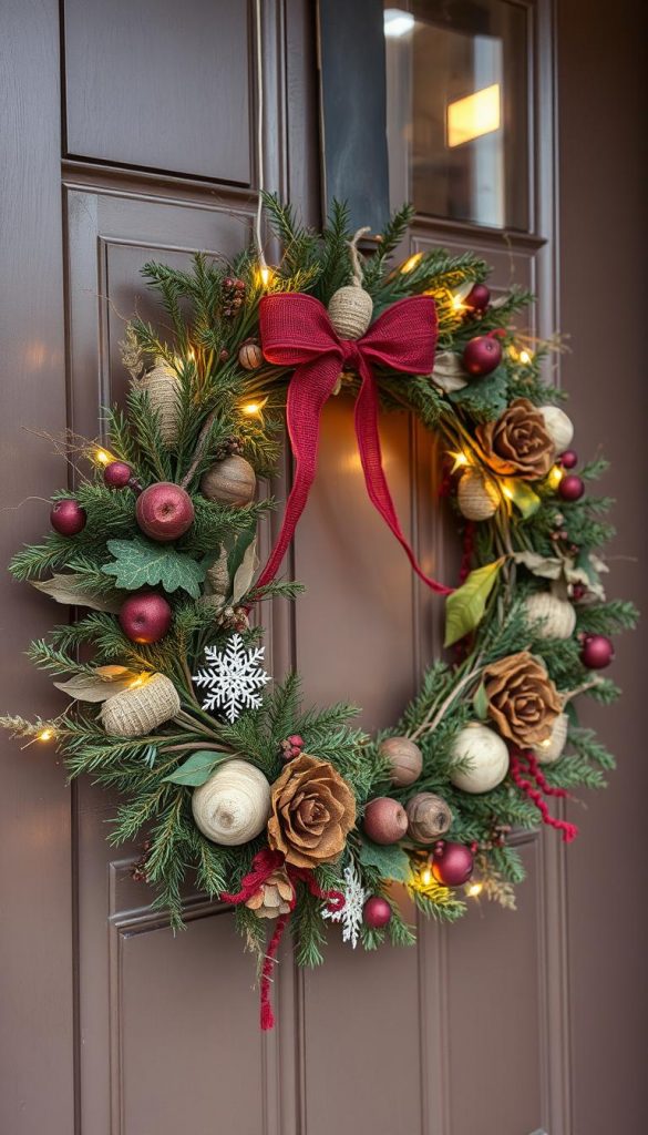 Wetterfeste Dekoration aus natürlichen Materialien für die Haustür: Ein rustikaler Kranz aus Tannenzweigen, Baumrinde und Eichenzweigen, mit sattem Grün und Schleifen aus rotem Samt und Jute. Dekorative Holzelemente, Tannenzapfen und Lichterketten zieren die Komposition. Die Beleuchtung erzeugt eine warme, festliche Stimmung, perfekt für die Weihnachtszeit. Diese KlickKiste-Kreation strahlt Gemütlichkeit und Natürlichkeit aus - ob innen oder außen, sie ist witterungsbeständig und sicher. Wetterfeste Dekoration aus natürlichen Materialien für die Haustür: Ein rustikaler Kranz aus Tannenzweigen, Baumrinde und Eichenzweigen, mit sattem Grün und Schleifen aus rotem Samt und Jute. Dekorative Holzelemente, Tannenzapfen und Lichterketten zieren die Komposition. Die Beleuchtung erzeugt eine warme, festliche Stimmung, perfekt für die Weihnachtszeit. Diese KlickKiste-Kreation strahlt Gemütlichkeit und Natürlichkeit aus - ob innen oder außen, sie ist witterungsbeständig und sicher.