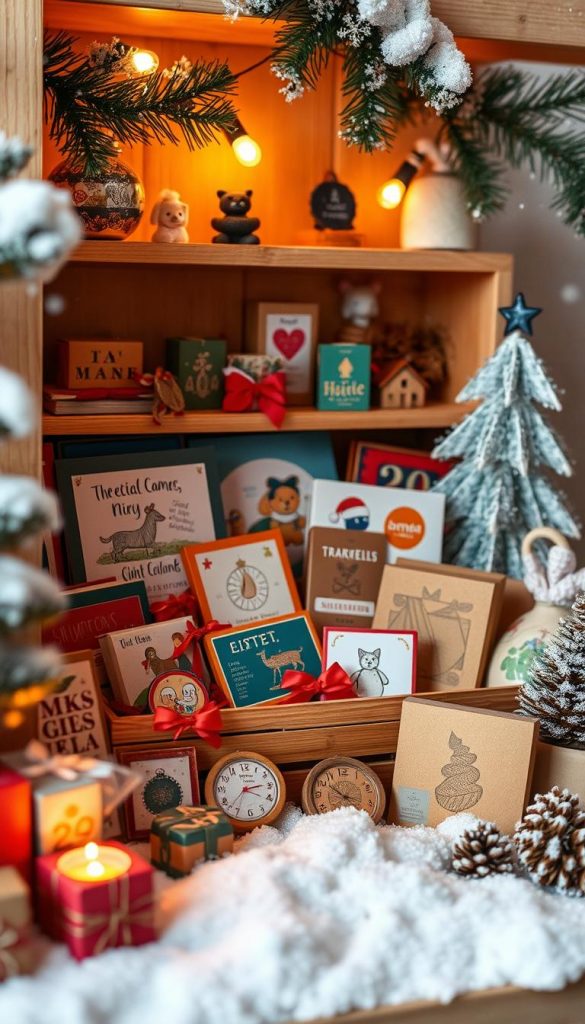 Whimsical array of playful gifts and puzzles, nestled in a cozy winter scene. Warm-hued DIY-style display showcasing an assortment of small, thoughtful items - games, trinkets, and surprises. Soft, natural lighting illuminates the KlickKiste, evoking a Pinterest-inspired, authentic ambiance. Subtle hints of snowfall and pine accents create a cozy, inviting atmosphere perfect for children, teens, and adults alike. Carefully curated collection of miniature &amp;quot;Geschenke&amp;quot; presented in a visually striking, inspirational composition.