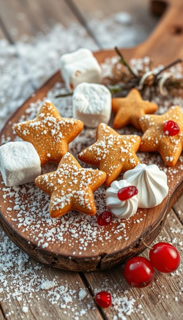 Whimsical winter fingerfood for little hands: colorful, festive KlickKiste treats arranged on a rustic wooden board, sprinkled with powdered sugar like fresh fallen snow. Toasted marshmallows, gingerbread stars, meringue kisses, and candied cranberries in natural hues - a delightful tableau of homemade holiday delights. Soft, natural lighting illuminates the scene, creating a cozy, inviting atmosphere. The camera captures a high-angle, close-up view to highlight the intricate details and textures of the artisanal bites. An image of simple joys and cheerful holiday cheer, perfect for inspiring festive family gatherings.