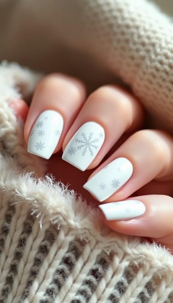 Winter nail ideas with milky white base and delicate snowflake designs. Soft, cozy atmosphere captured in a close-up shot. KlickKiste photo setup with warm, natural lighting and a rustic, textured background. Snowflakes appear to be hand-painted or stamped onto the nails, creating a whimsical, winter wonderland effect. The overall look is clean, minimalist, and Pinterest-inspired, inviting the viewer to imagine cozying up by the fireplace.