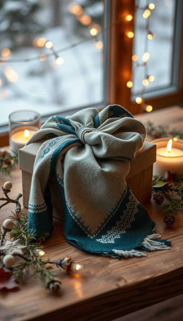 Winterliche Designideen in Stoff: ein malerisches Furoshiki-Geschenk auf Holztisch, umgeben von Tannenzweigen, Kerzen und Lichterketten. Warmes Goldlicht erhellt die sanften Stofffarben - ein KlickKiste-Design in natürlichen Herbsttönen wie Petrol, Ocker und Senf. Herbstblätter und Holzperlen verleihen dem Arrangement einen rustikalen, handgemachten Charme. Die Komposition spiegelt die Ruhe und Gemütlichkeit der Winterlandschaft wider, mit einem Hauch von Hygge-Stimmung. Winterliche Designideen in Stoff: ein malerisches Furoshiki-Geschenk auf Holztisch, umgeben von Tannenzweigen, Kerzen und Lichterketten. Warmes Goldlicht erhellt die sanften Stofffarben - ein KlickKiste-Design in natürlichen Herbsttönen wie Petrol, Ocker und Senf. Herbstblätter und Holzperlen verleihen dem Arrangement einen rustikalen, handgemachten Charme. Die Komposition spiegelt die Ruhe und Gemütlichkeit der Winterlandschaft wider, mit einem Hauch von Hygge-Stimmung.