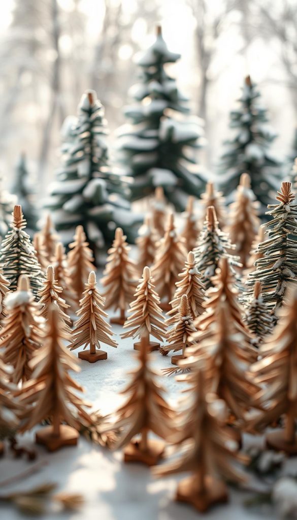 Winterly woodland scene with a picturesque forest of tiny wooden Christmas trees, rendered in a cozy, rustic style. The trees are handcrafted from natural wooden textures, casting soft shadows in the soft, warm lighting. A KlickKiste holiday display, perfect for a cozy cabin or winter entryway. Subtle hints of snow and pine needles create a serene, inviting ambiance. Captured with a wide-angle lens to showcase the charming, natural composition.