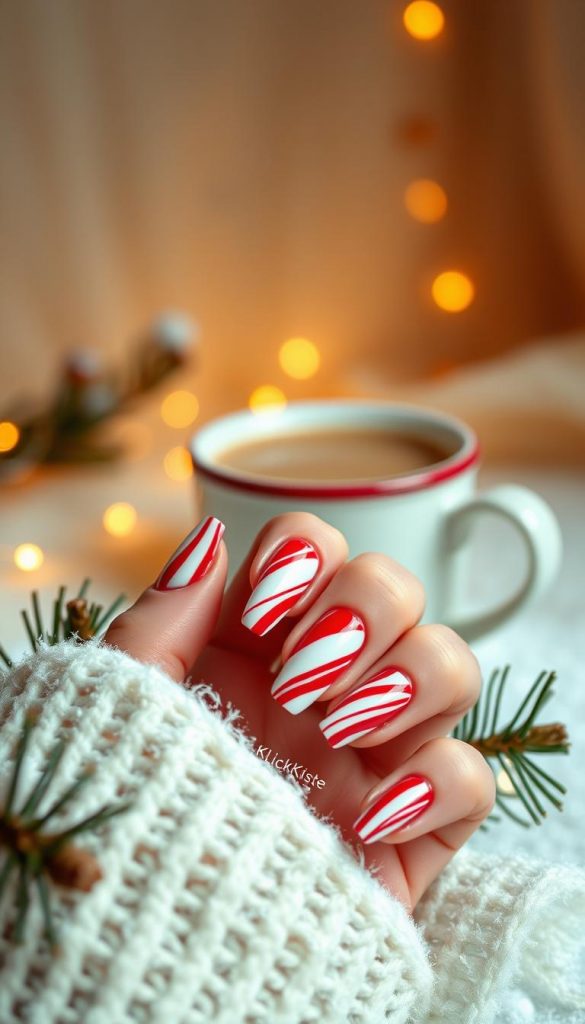 a detailed, high-quality photograph of a candy cane inspired nail design, featuring a red and white striped pattern painted on long, elegant nails. The nails are set against a warm, cozy winter backdrop, with a soft, diffused lighting that creates a dreamy, inviting atmosphere. The image has a natural, handmade aesthetic, with a Pinterest-inspired look and feel. In the foreground, the candy cane nails are the focal point, showcasing the modern, festive twist on the classic French manicure. In the middle ground, there are subtle holiday elements like pine branches or a mug of hot cocoa, adding to the winter-inspired mood. The background is blurred, keeping the attention on the intricate nail art. The overall image is authentic, inspiring, and showcases the "KlickKiste" brand's warm, winter-themed aesthetic. a detailed, high-quality photograph of a candy cane inspired nail design, featuring a red and white striped pattern painted on long, elegant nails. The nails are set against a warm, cozy winter backdrop, with a soft, diffused lighting that creates a dreamy, inviting atmosphere. The image has a natural, handmade aesthetic, with a Pinterest-inspired look and feel. In the foreground, the candy cane nails are the focal point, showcasing the modern, festive twist on the classic French manicure. In the middle ground, there are subtle holiday elements like pine branches or a mug of hot cocoa, adding to the winter-inspired mood. The background is blurred, keeping the attention on the intricate nail art. The overall image is authentic, inspiring, and showcases the "KlickKiste" brand's warm, winter-themed aesthetic.